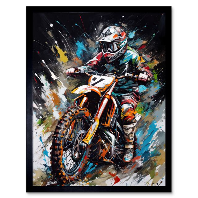 "Artery8 Wall Art Print Motocross Race Driver Number 7 Racing Action Shot Art Framed in Black - Size: W12"" x H16""" - image 1