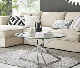 FurnitureboxUK Novara Round Glass Coffee Table with Angled Starburst Metal Legs for Modern Glam Minimalist Living Room in Silver