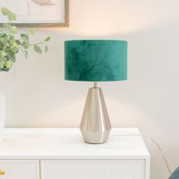 ValueLights Jax Brushed Chrome Dimmable Touch Table Lamp with Velvet Drum Shade in Bottle Green - thumbnail 1