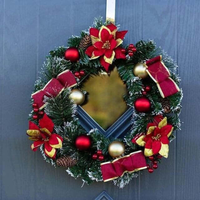 Marco Paul Christmas Artificial Wreath Decoration - Red Baubles 40cm Poinsettia in Green - image 1