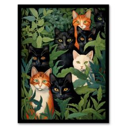 "Artery8 Wall Art Print 5 Black Cats By Julia Davidson Quirky Black Ginger White Cat Group In Green Botanicals Art Framed - Size: W12"" x H16""" - thumbnail 1