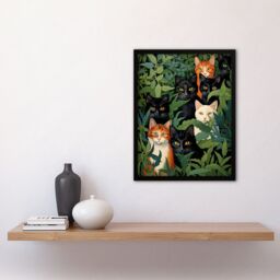"Artery8 Wall Art Print 5 Black Cats By Julia Davidson Quirky Black Ginger White Cat Group In Green Botanicals Art Framed - Size: W12"" x H16""" - thumbnail 4