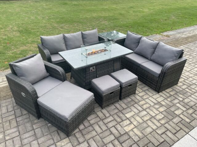 Fimous 10 Seater Wicker Rattan Garden Furniture Set Gas Fire Pit Dining Table Reclining Chair 3 Seater Sofa Set Indoor Outdoor with Footstools - image 1