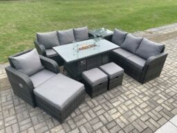 Fimous 10 Seater Wicker Rattan Garden Furniture Set Gas Fire Pit Dining Table Reclining Chair 3 Seater Sofa Set Indoor Outdoor with Footstools - thumbnail 1