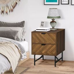 Wyld and Coco 2 Drawer Wooden Chevron Bedside Table in Brown - Size: 2 Pack - thumbnail 2