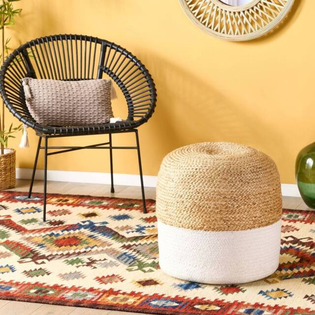 Wyld and Coco Round Pouffe White Jute 46 cm - Bead-Filled Footstool - image 1