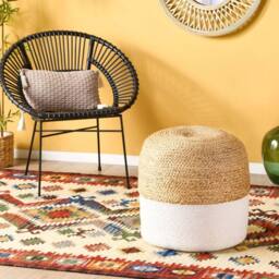 Wyld and Coco Round Pouffe White Jute 46 cm - Bead-Filled Footstool - thumbnail 1