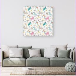 "Warren Reed - Designer Unicorn & Rainbows Canvas in Blue - Size: W16"" x H16""" - thumbnail 4