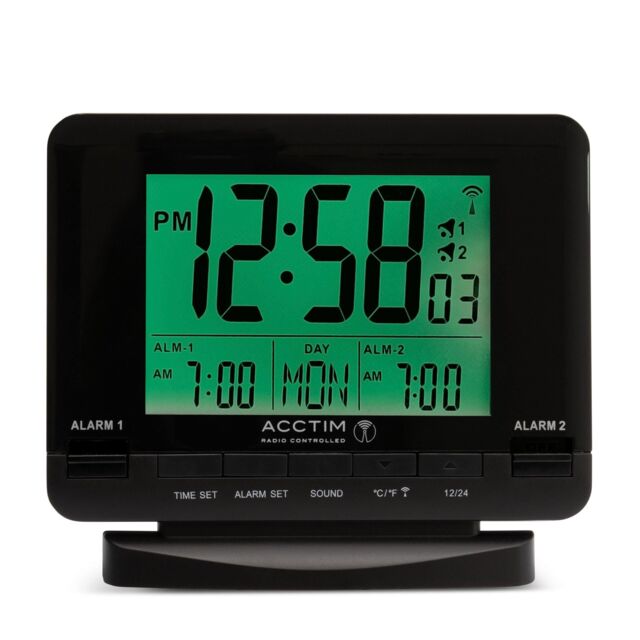 Acctim Delaware Digital Alarm Clock Radio Controlled Dual Couples Alarm Date & Temperature Display in Black - image 1