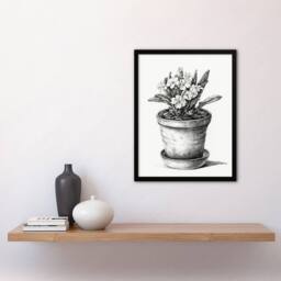 Artery8 Potted Flowering Plant Pencil Drawing Bernard Framed Wall Art Print in White - Size: A4 - thumbnail 4