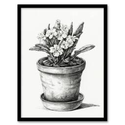 Artery8 Potted Flowering Plant Pencil Drawing Bernard Framed Wall Art Print in White - Size: A4 - thumbnail 1