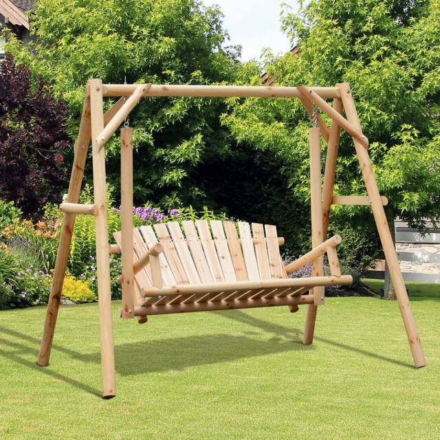 OUTSUNNY Outdoor 2 Seater Porch Swing Wooden Rustic Patio Bench w/ Armrest in Natural - image 1