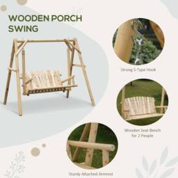 OUTSUNNY Outdoor 2 Seater Porch Swing Wooden Rustic Patio Bench w/ Armrest in Natural - thumbnail 4