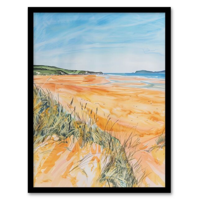 "Artery8 Woolacombe Beach Seaside Landscape Watercolour Framed Art Print - Size: W12"" x H16""" - image 1