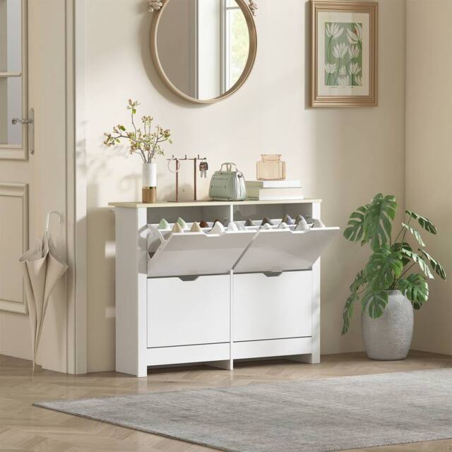HOMCOM 16-Shoe Storage Cabinet 4 Shelves 4 Drawers Tabletop White - image 1