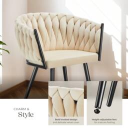 tectake Dining Chair Astano - Padded, Velvet, Knot Design, Continuous Backrest in Light Sand - Size: 6 Pack - thumbnail 4