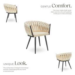 tectake Dining Chair Astano - Padded, Velvet, Knot Design, Continuous Backrest in Light Sand - Size: 6 Pack - thumbnail 3