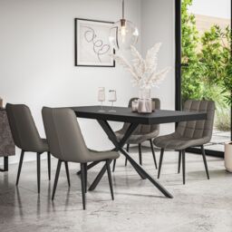 More4Homes Donni Dining Table & Chairs - Black Table Top w Black Legs + Nova Faux Leather Dining Chair Set Of 6 in Grey - thumbnail 1