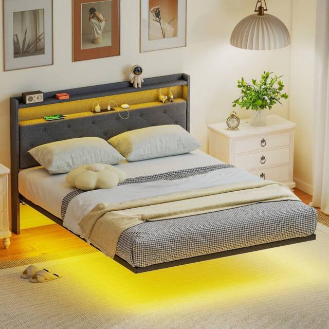 HOMCOM Floating Bed Frame with RGB Lights, Upholstered Double Size Bed, Grey - image 1