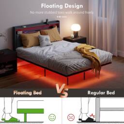 HOMCOM Floating Bed Frame with RGB Lights, Upholstered Double Size Bed, Grey - thumbnail 4