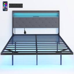 HOMCOM Floating Bed Frame with RGB Lights, Upholstered Double Size Bed, Grey - thumbnail 2