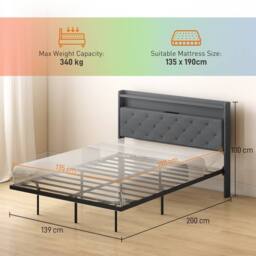 HOMCOM Floating Bed Frame with RGB Lights, Upholstered Double Size Bed, Grey - thumbnail 3