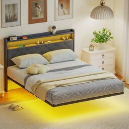 HOMCOM Floating Bed Frame with RGB Lights, Upholstered Double Size Bed, Grey - thumbnail 1