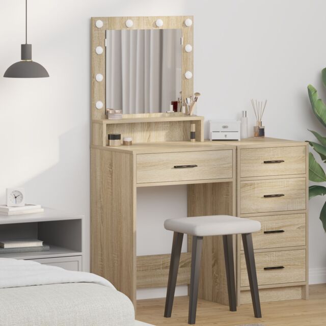 Berkfield Home Makeup Table with LED Lights in Sonoma Oak - 50x41x135 cm in Beige - Size: 50 x 41 x 135 cm - image 1