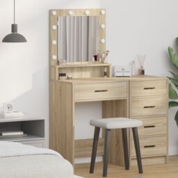 Berkfield Home Makeup Table with LED Lights in Sonoma Oak - 50x41x135 cm in Beige - Size: 50 x 41 x 135 cm