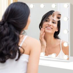 Costway 2 in 1 Tabletop&Wall Mounted Makeup Mirror Vanity Mirror w/18 LED Lights in White - thumbnail 3