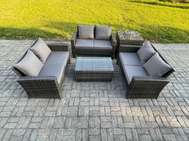Fimous Dark Grey 6 Seater Outdoor Rattan Garden Furniture Set Patio Love Sofa Rectangular Coffee Table Set with Side Table - image 1