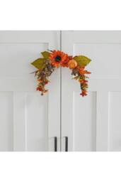 H&O Direct Artificial Sunflower Swag Wreath with Pumpkins for Halloween Hanging Decor in Orange - thumbnail 3