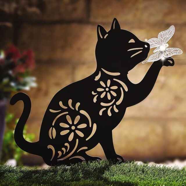 mysmartbuy Cat Silhouette Light Up Ornament - Solar Powered Garden Stake Light Sculpture with Illuminated Butterfly - 43 x 33 x 11.5cm