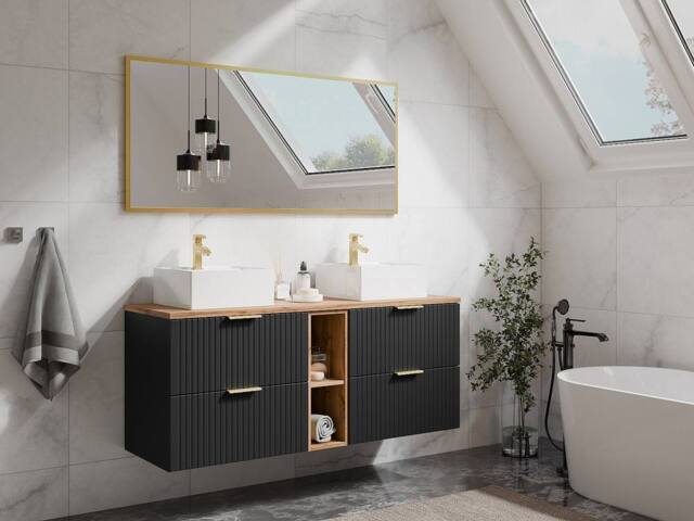 Vente-unique Fluted Wall-Hung Bathroom Unit With Open Shelves & Double Square in Black - image 1