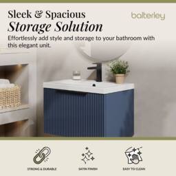 Balterley Fluted Front Wall Hung 1 Drawer Vanity Basin Unit, Satin Blue, 600mm in Blue - thumbnail 2