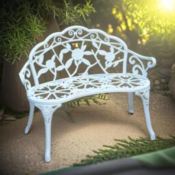 FURNOS Metal Garden Bench With Rose Petals Detail in White