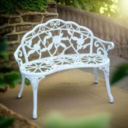 FURNOS Metal Garden Bench With Rose Petals Detail in White - thumbnail 6
