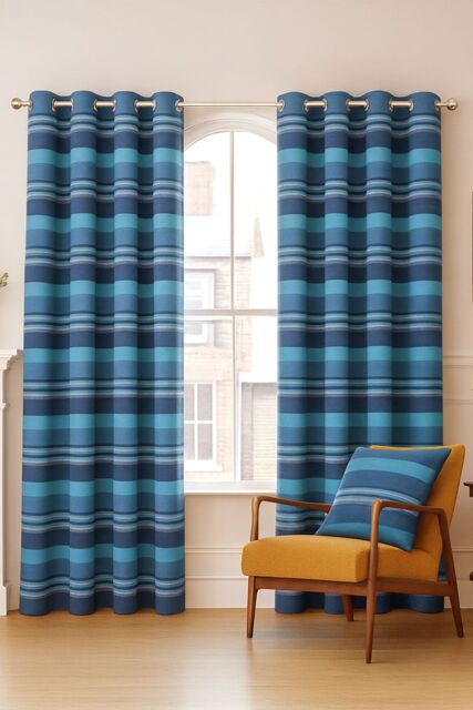 Homescapes Cotton Morocco Striped Curtain Pair in Blue - Size: 167 cm width x 183 cm drop - image 1