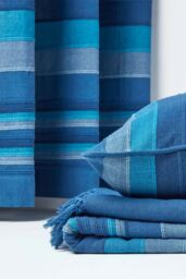Homescapes Cotton Morocco Striped Curtain Pair in Blue - Size: 167 cm width x 183 cm drop - thumbnail 4