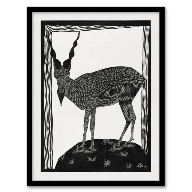 "Artery8 Stylised Markhor Goat Samuel J De Mesquita Framed Wall Art Print in White - Size: W12"" x H16""" - image 1
