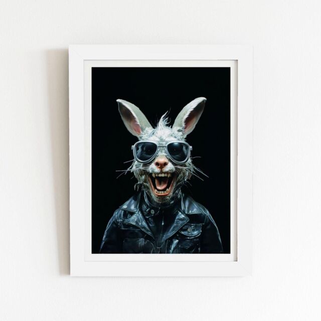 "Warren Reed - Designer Funky Rabbit Face With Glasses Framed Art Print in White - Size: W20"" x H30""" - image 1