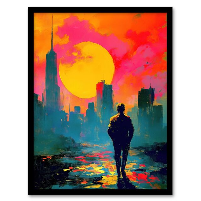 Artery8 Lone Walker Vibrant Sunset Abstract Cityscape Framed Art Print in Orange - Size: A4 - image 1