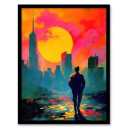 Artery8 Lone Walker Vibrant Sunset Abstract Cityscape Framed Art Print in Orange - Size: A4 - thumbnail 1