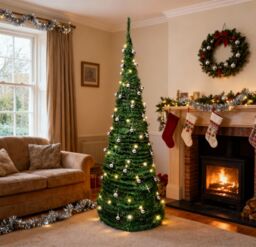 Shatchi 5Ft Prelit Pop up Christmas Tree with Silver Baubles & Battery Operated LED Warm White Lights in Green