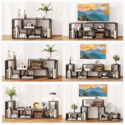 Costway 3 Pieces Adjustable TV Console Stand Modern Entertainment Center in Grey - thumbnail 7