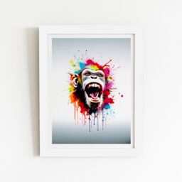 "Warren Reed - Designer Coloured Splashart Crazy Monkey Face Framed Art Print in White - Size: W16"" x H24""" - thumbnail 2