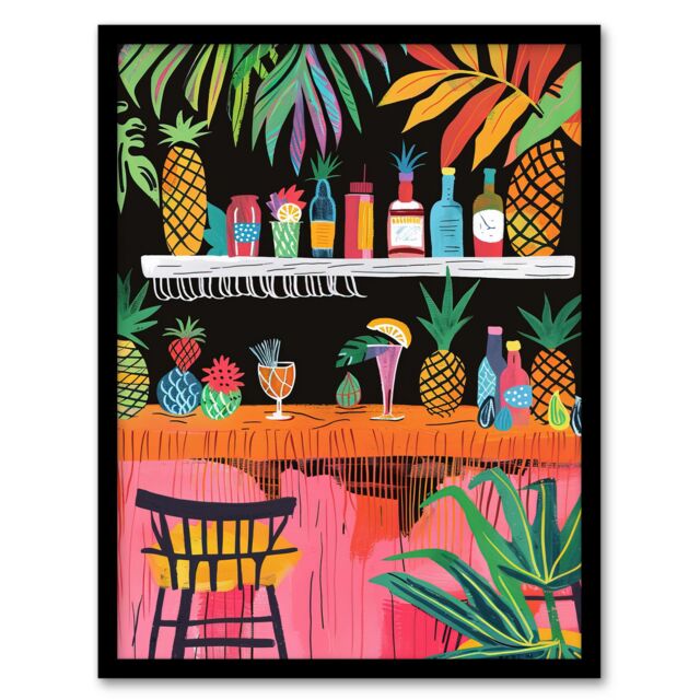 "Artery8 Tiki Bar Tropical Pineapples Bold Colourful Framed Art Print - Size: W12"" x H16""" - image 1