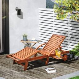 OUTSUNNY Wood Sun Lounger Chaise Bed Back Footrest Patio Furniture w/ Wheels in Natural - thumbnail 1
