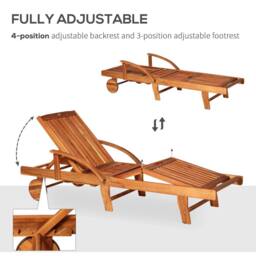OUTSUNNY Wood Sun Lounger Chaise Bed Back Footrest Patio Furniture w/ Wheels in Natural - thumbnail 5