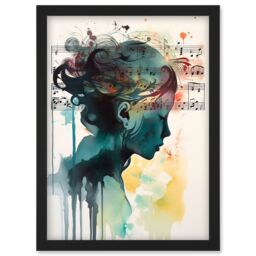 Artery8 Music on my Mind Singing in my Head Modern Portrait Watercolour Illustration Artwork Framed Wall Art Print A4 in Black - thumbnail 1
